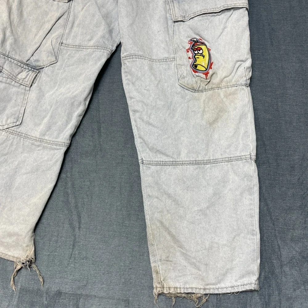 Empyre Loose Fit Cargo Jeans Mens 32 Blue Denim Flat Front Pockets Embroidered